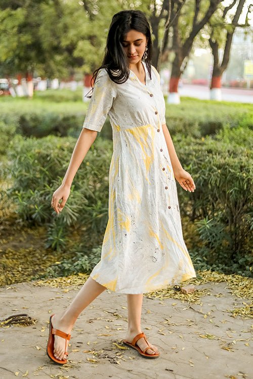 Sootisyahi 'Lemonade' Handmarble Printed Pure Cotton Dress - SootiSyahi