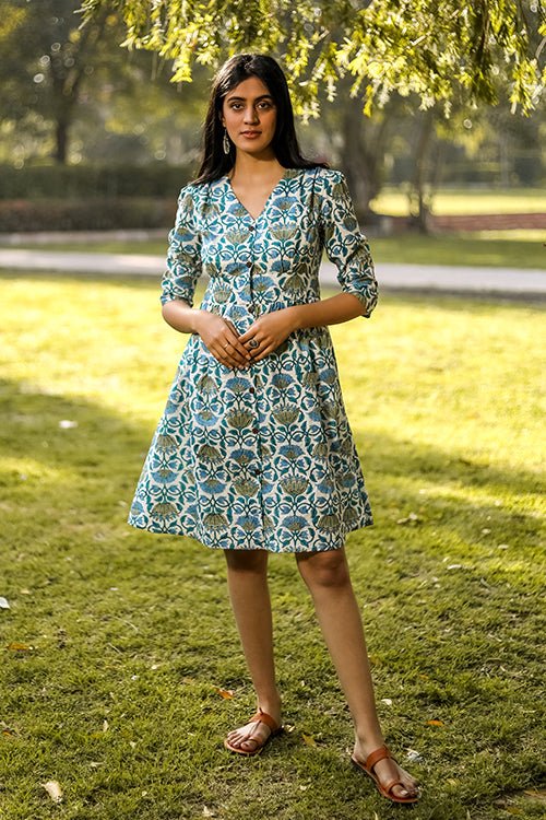 Sootisyahi 'Lotus in the lake' Azofree Handblock Printed Pure Cotton Dress - SootiSyahi