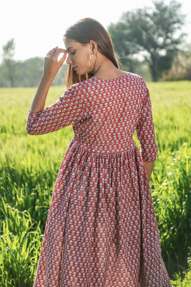 Sootisyahi 'Mesmerizing Maroon' Azofree Handblock Printed Pure Cotton Dress - SootiSyahi