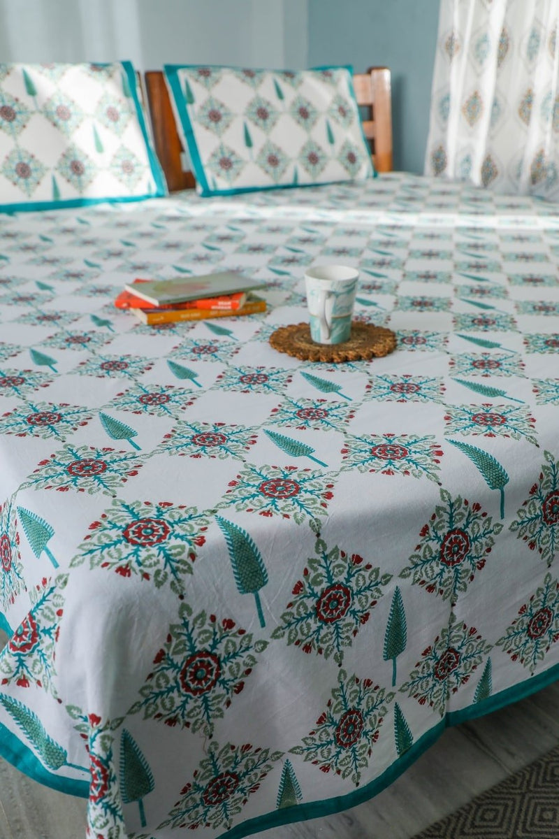 SootiSyahi 'Mughal Garden' Handblock Printed Cotton Bedsheet - SootiSyahi
