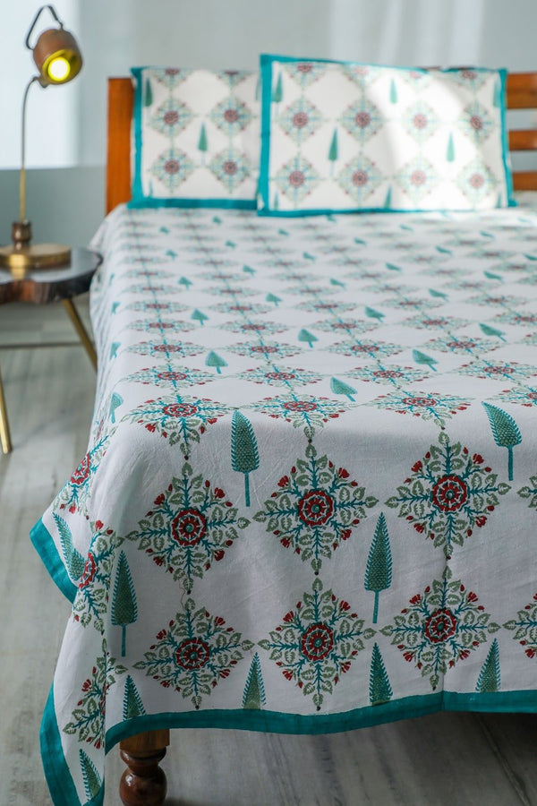 SootiSyahi 'Mughal Garden' Handblock Printed Cotton Bedsheet - SootiSyahi