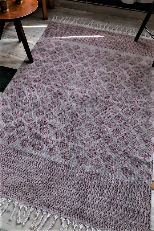 SootiSyahi 'Mughal Gray' Handblock Printed Cotton Dhurrie Rug - SootiSyahi