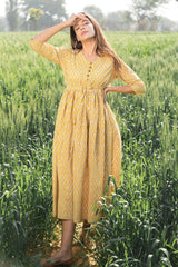 Sootisyahi 'Mustard Medow' Azofree Handblock Printed Pure Cotton Dress - SootiSyahi