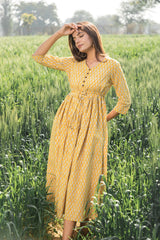 Sootisyahi 'Mustard Medow' Azofree Handblock Printed Pure Cotton Dress - SootiSyahi