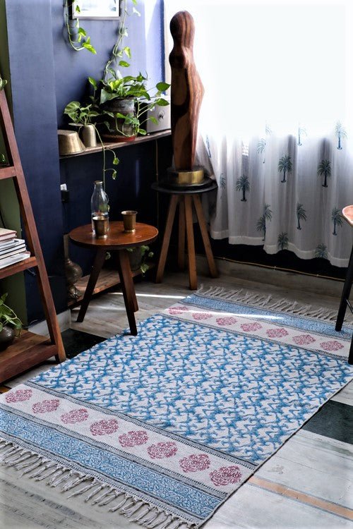 SootiSyahi 'Ocean on Floor' Handblock Printed Cotton Dhurrie Rug - SootiSyahi