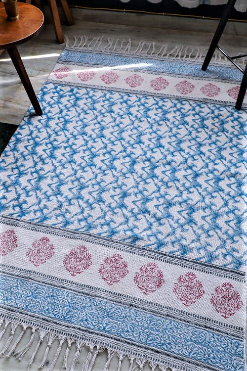 SootiSyahi 'Ocean on Floor' Handblock Printed Cotton Dhurrie Rug - SootiSyahi
