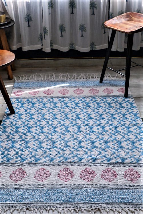 SootiSyahi 'Ocean on Floor' Handblock Printed Cotton Dhurrie Rug - SootiSyahi
