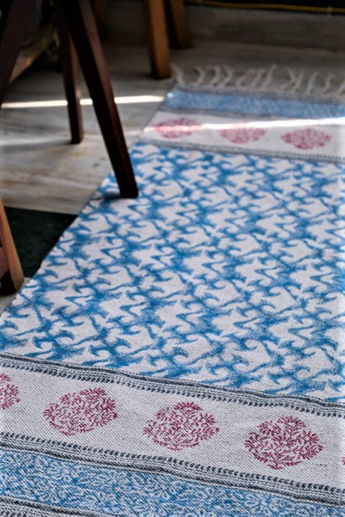 SootiSyahi 'Ocean on Floor' Handblock Printed Cotton Dhurrie Rug - SootiSyahi