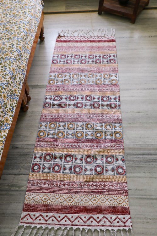 SootiSyahi 'Playful Geometry' Handblock Printed Cotton Dhurrie Rug - SootiSyahi