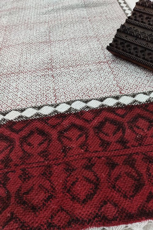 SootiSyahi 'Red Checkers' Handblock Printed Cotton Dhurrie Rug - SootiSyahi