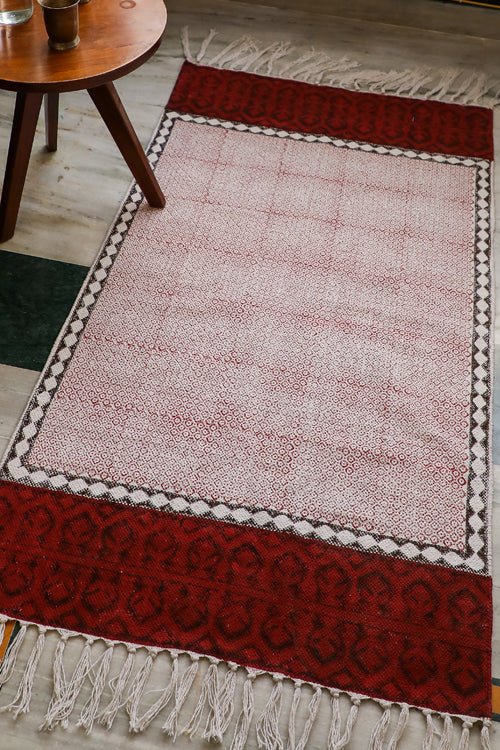 SootiSyahi 'Red Checkers' Handblock Printed Cotton Dhurrie Rug - SootiSyahi