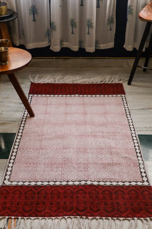 SootiSyahi 'Red Checkers' Handblock Printed Cotton Dhurrie Rug - SootiSyahi