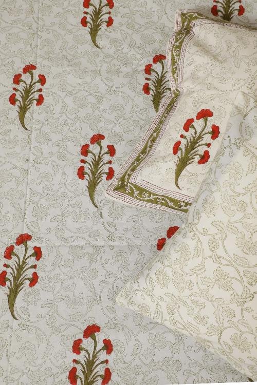 Sootisyahi 'Red Daisy ' Handblock Printed Cotton Bedsheet - SootiSyahi