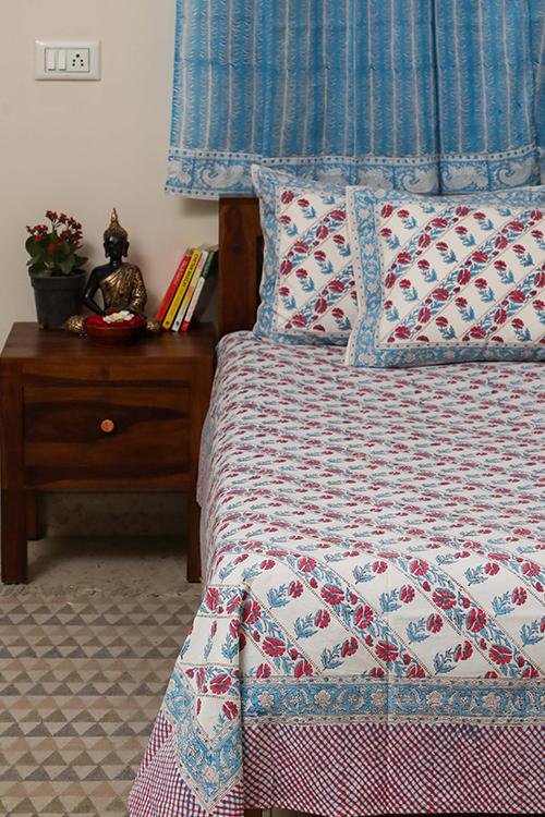 Sootisyahi 'Red Flowered' Handblock Printed Cotton Bedsheet - SootiSyahi