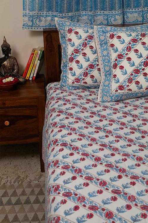 Sootisyahi 'Red Flowered' Handblock Printed Cotton Bedsheet - SootiSyahi