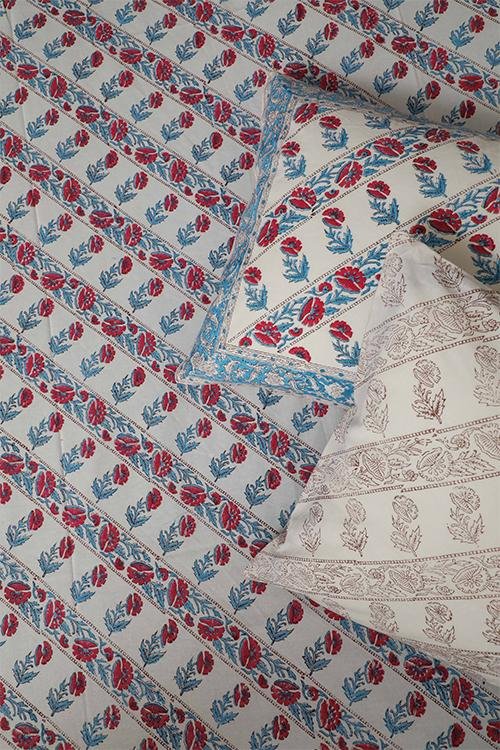 Sootisyahi 'Red Flowered' Handblock Printed Cotton Bedsheet - SootiSyahi