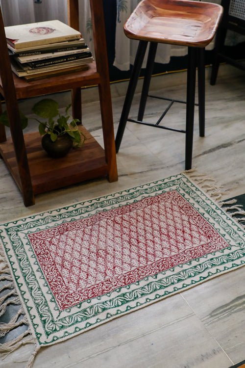 SootiSyahi 'Red Garden' Handblock Printed Cotton Dhurrie Rug - SootiSyahi