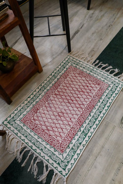 SootiSyahi 'Red Garden' Handblock Printed Cotton Dhurrie Rug - SootiSyahi
