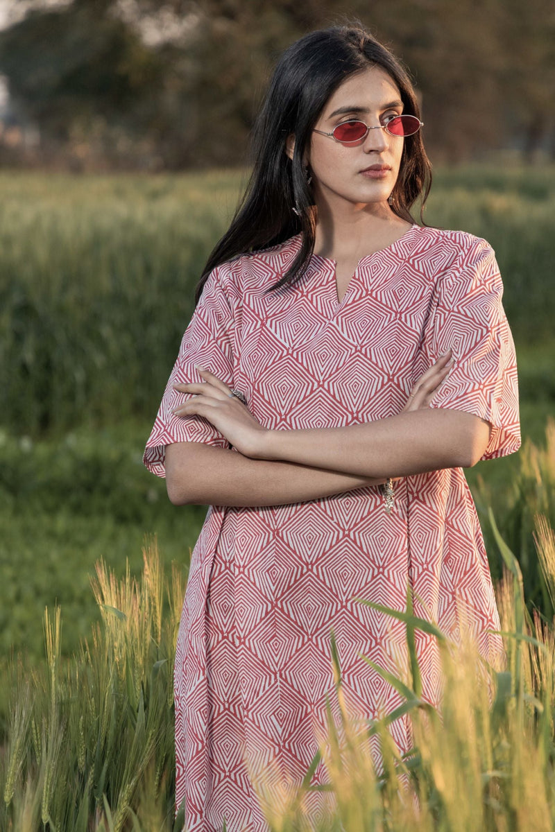 Sootisyahi 'Red-n-Rush' Azofree Handblock Printed Pure Cotton Dress - SootiSyahi