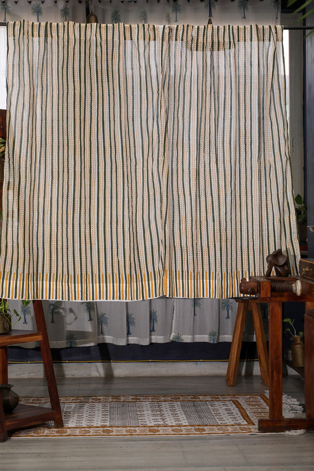 SootiSyahi 'Rising Ferns' Handblock Printed Cotton Window Curatin - SootiSyahi