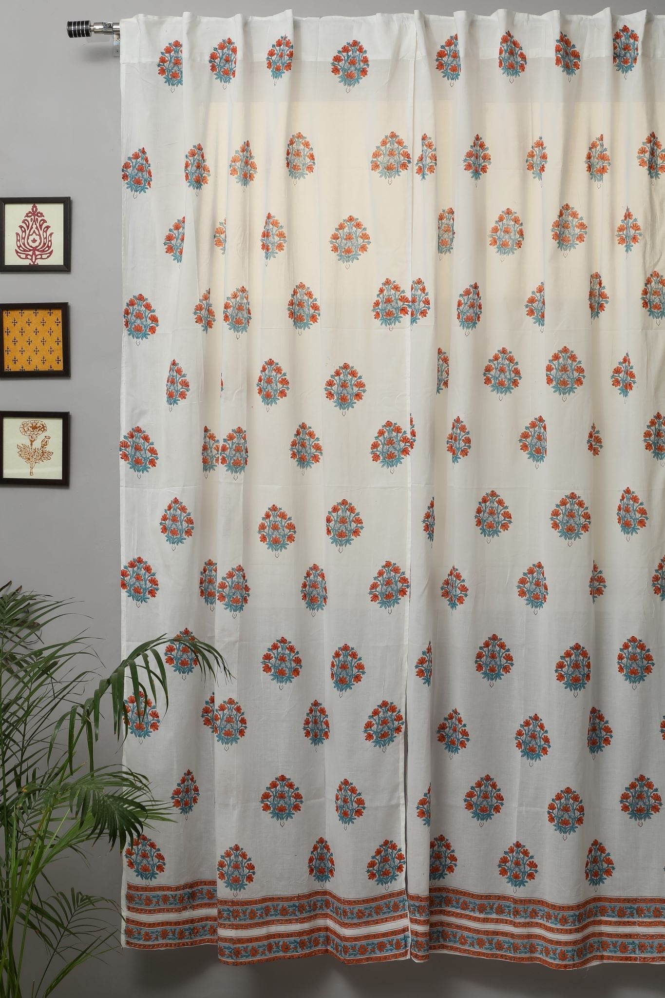 SootiSyahi 'Saffron Daisy' Handblock Printed Cotton Door Curtain - SootiSyahi