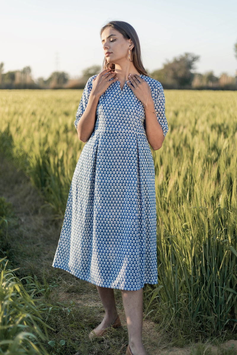 Sootisyahi 'Blue and Bay' Azofree Handblock Printed Pure Cotton Dress