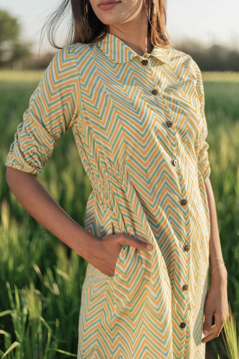 Sootisyahi 'Shining Zigzag' Azofree Handblock Printed Pure Cotton Dress - SootiSyahi