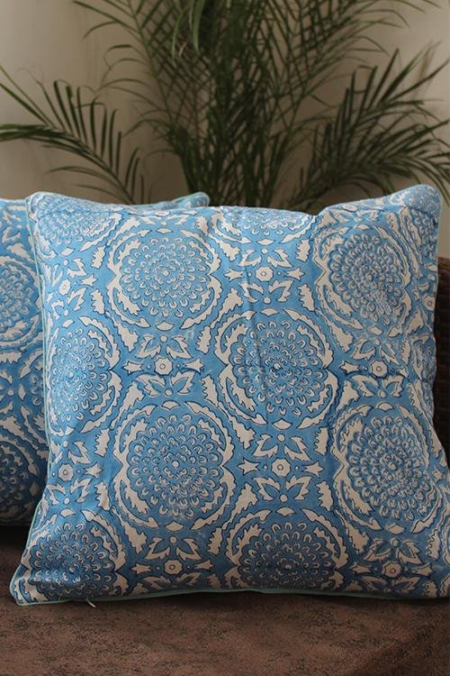 Sootisyahi 'Sky Blossom' Handblock Printed Cotton Cushion Cover Set - SootiSyahi