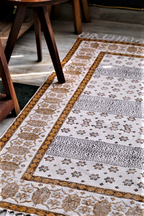 SootiSyahi 'Sparkles on Floor' Handblock Printed Cotton Dhurrie Rug - SootiSyahi