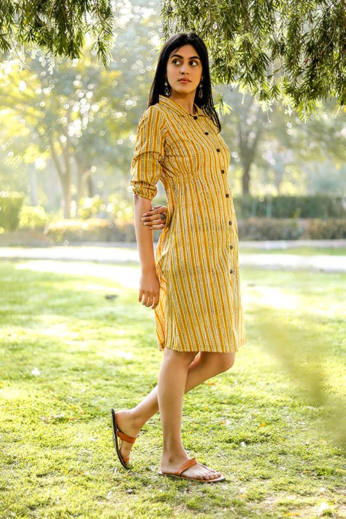 Sootisyahi 'Stripe-n-Stairs' Azofree Handblock Printed Pure Cotton Dress - SootiSyahi