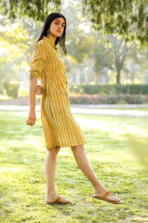 Sootisyahi 'Stripe-n-Stairs' Azofree Handblock Printed Pure Cotton Dress - SootiSyahi