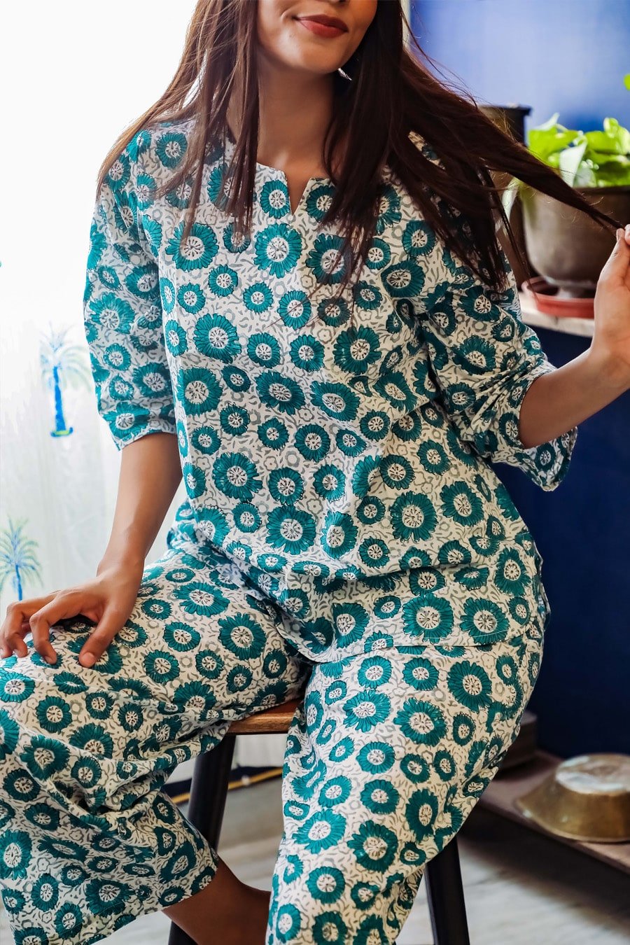 Buy Turquoise Blue Printed Cotton Night Suit Online at Rs.835 | Libas