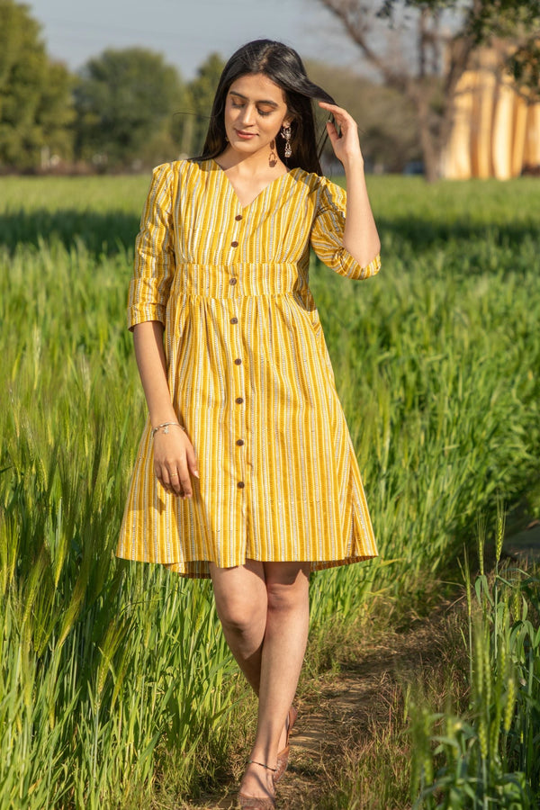 Sootisyahi 'Sunny Stripes' Azofree Handblock Printed Pure Cotton Dress - SootiSyahi
