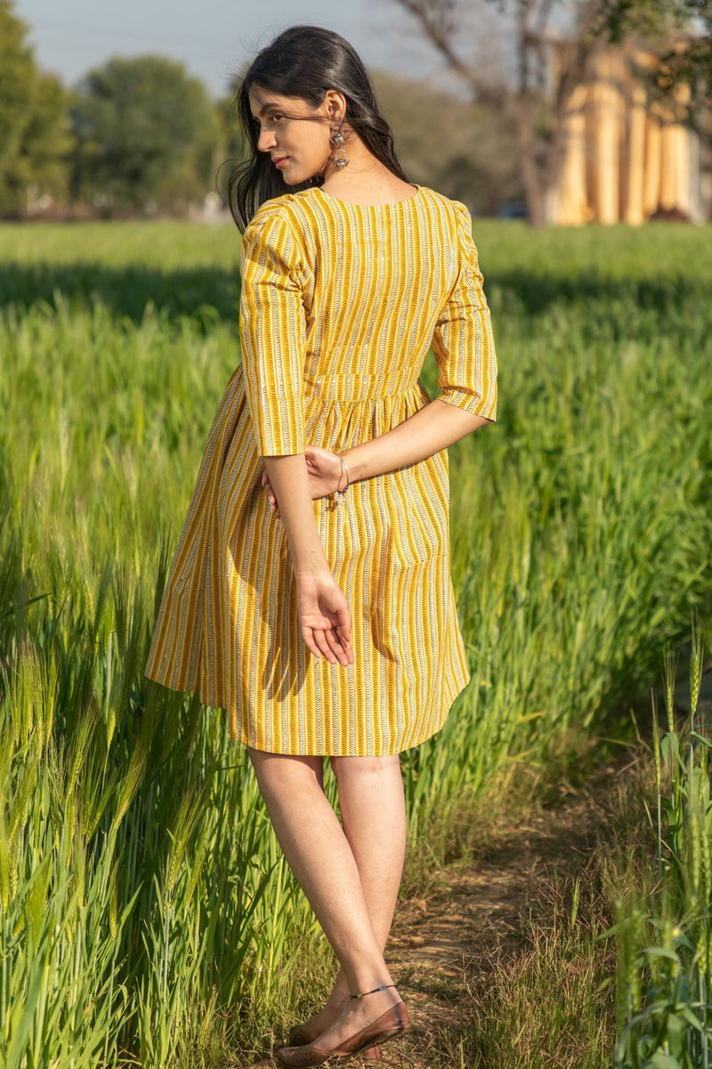 Sootisyahi 'Sunny Stripes' Azofree Handblock Printed Pure Cotton Dress - SootiSyahi