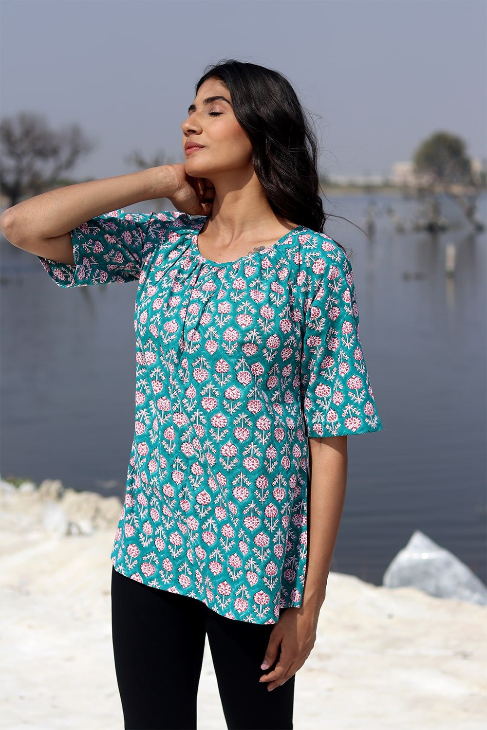 SootiSyahi 'Teel Feather' Block Printed Cotton Top - SootiSyahi