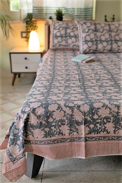 Sootisyahi 'The Grey Grace' Handblock Printed Cotton Bedsheet - SootiSyahi