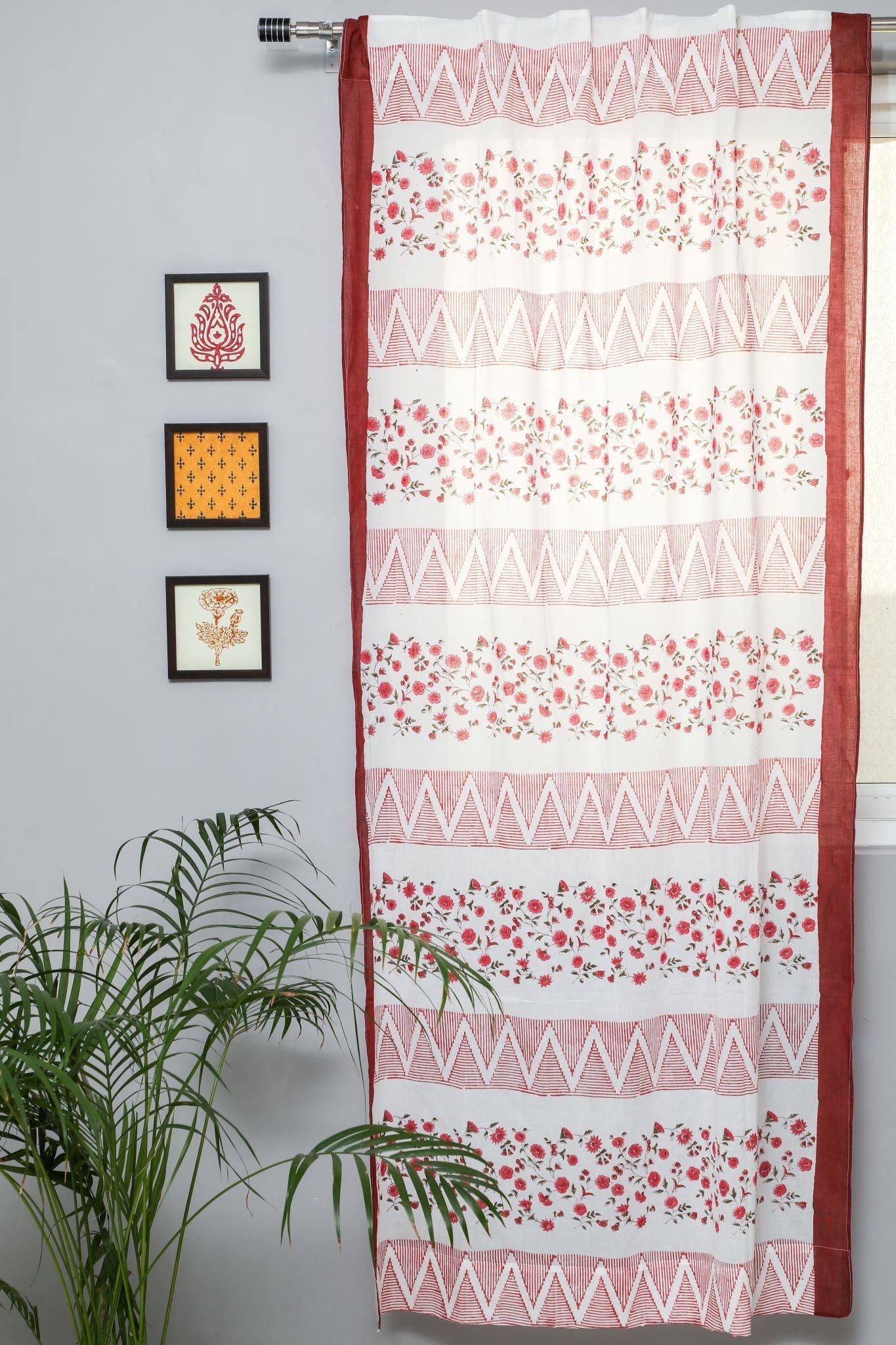 SootiSyahi 'Zig Zag Ruby' Handblock Printed Cotton Door Curtain - SootiSyahi
