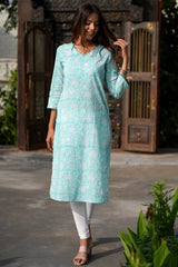 Teal Infusion Handblock Printed Cotton Kurti - SootiSyahi