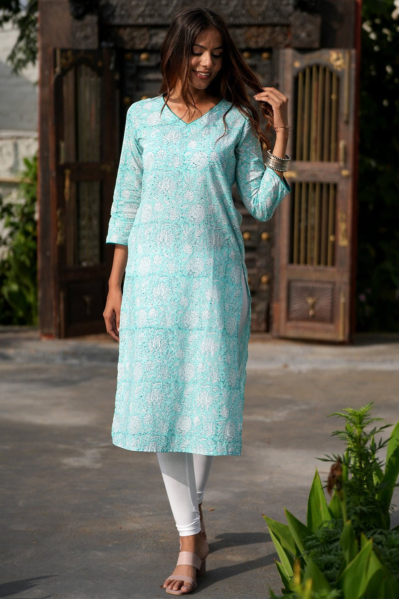 Teal Infusion Handblock Printed Cotton Kurti - SootiSyahi