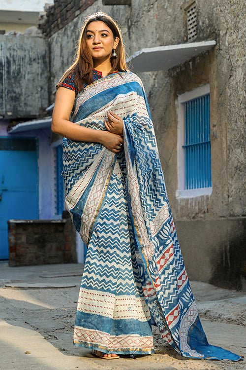 Buy Indigo Dabu Print Chanderi Silk Sarees With Blouse - Kiran's Boutique