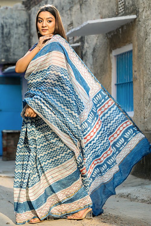 Indigo Print Cotton Mulmul Saree with Blouse