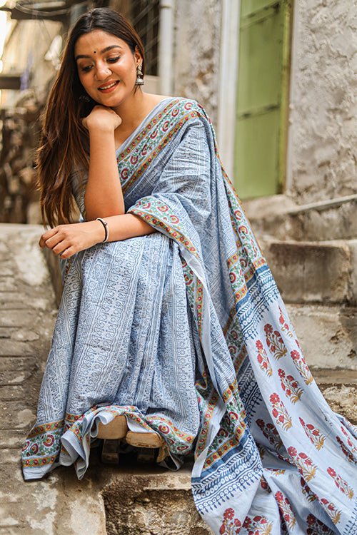 Buy Lovely Off-White Printed Cotton Festival Wear Saree - Zeel Clothing