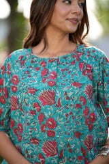 Turquoise WineHandblock Printed Cotton Top - SootiSyahi
