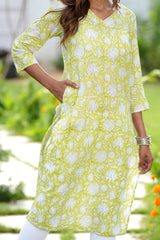 Verdant Valley Handblock Printed Cotton Kurti - SootiSyahi