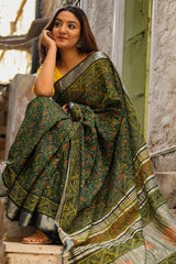 "VERDURE" HANDBLOCK PRINT SLUB COTTON SAREE - SootiSyahi