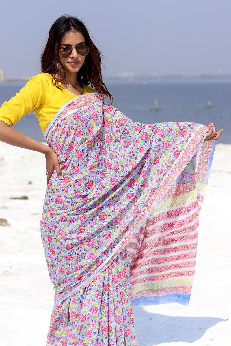 "Vibrant Bliss" Block Printed Cotton Saree - SootiSyahi