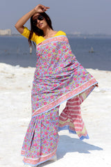 "Vibrant Bliss" Block Printed Cotton Saree - SootiSyahi